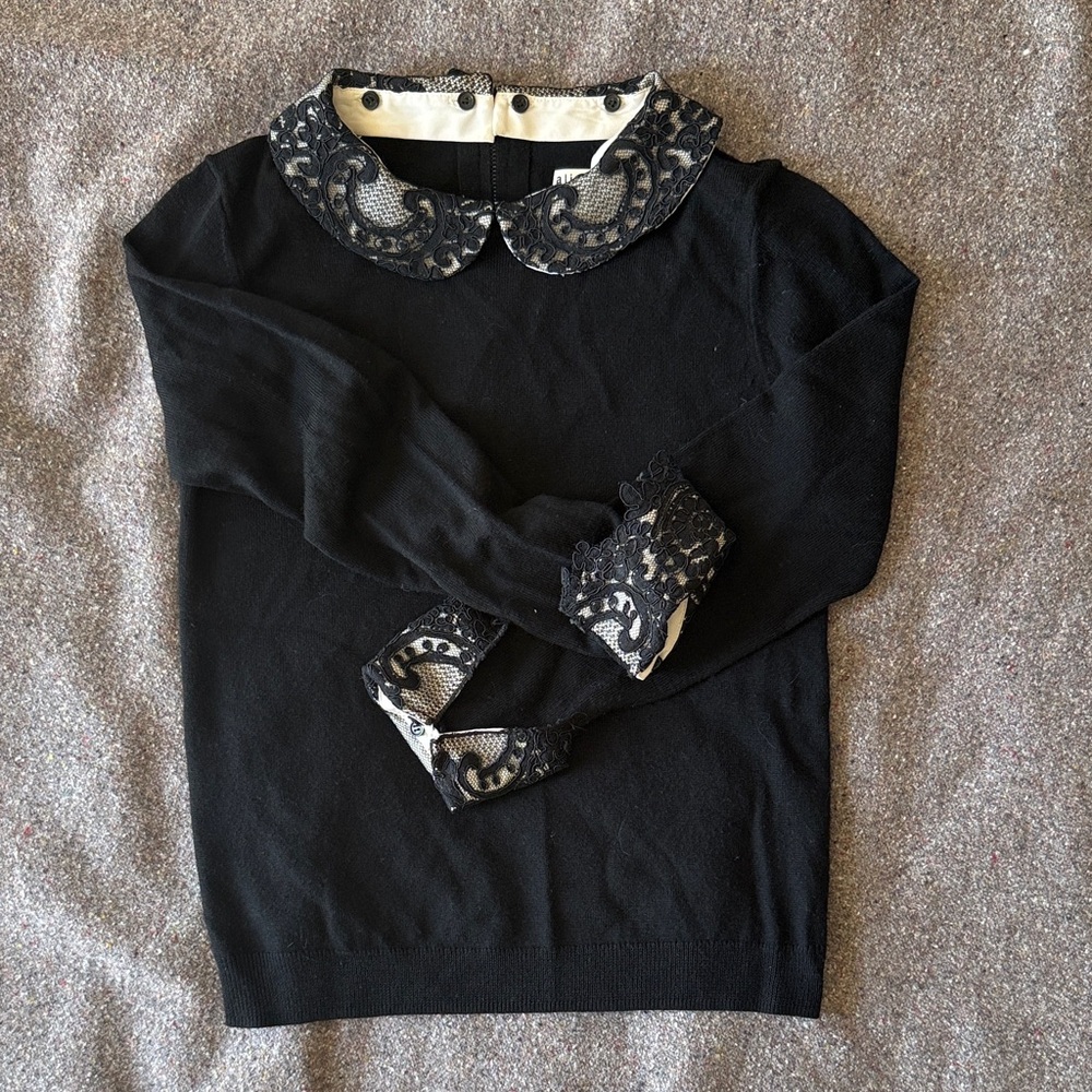 Alice + Olivia Black 100% Wool Sweater with Removable Lace Accents (Size S)